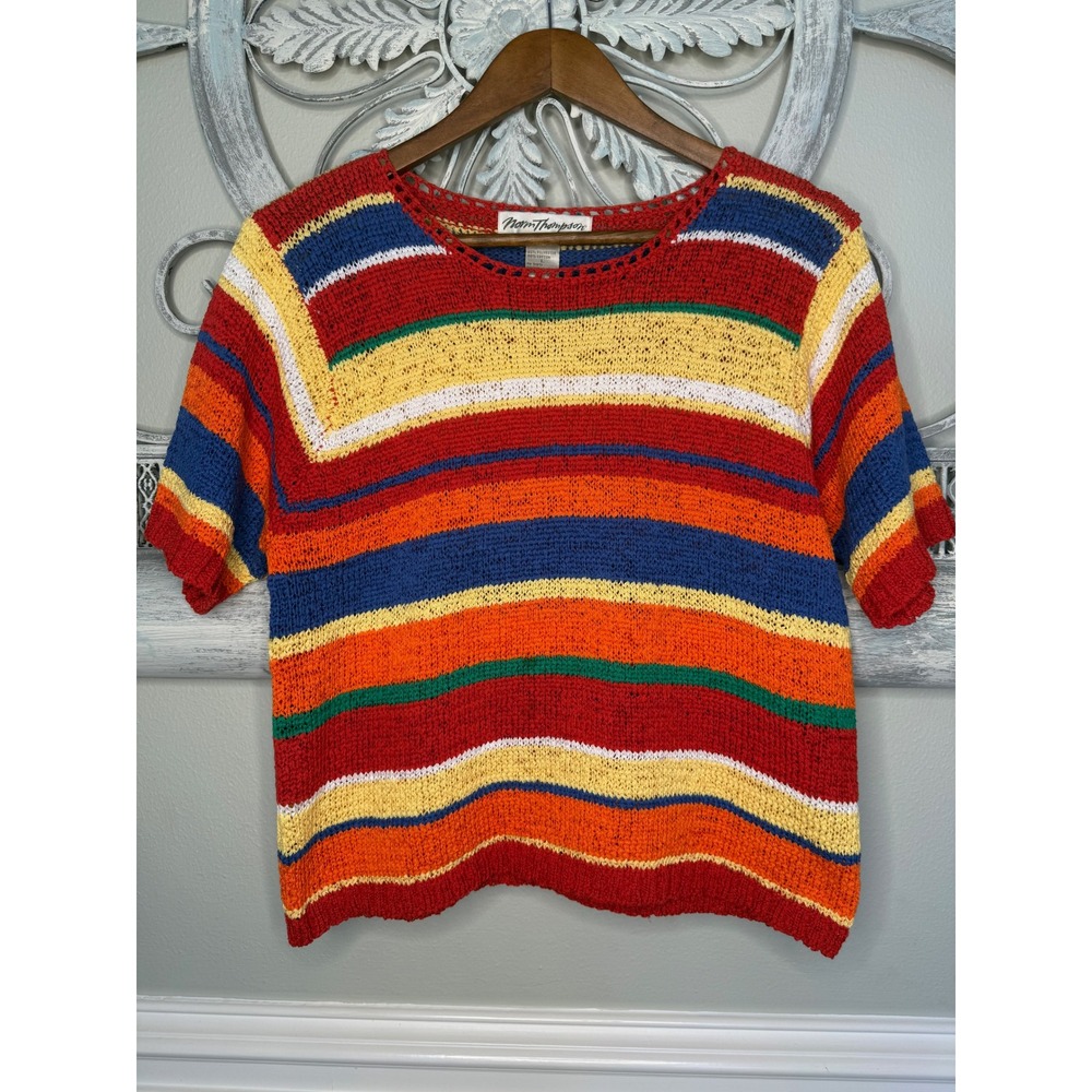 VTG Norm Thompson Womens Large Multicolor Striped Short Sleeve Knit Sweater Top
